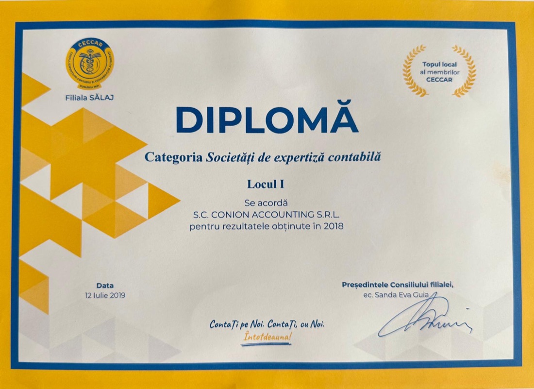 Diplomă CECCAR Filiala Sălaj — Locul I, societăți de expertiză contabilă, pentru rezultatele obținute în 2018