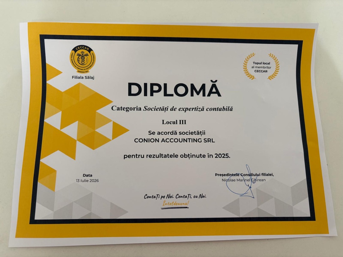 Diplomă CECCAR Filiala Sălaj — Locul III, societăți de expertiză contabilă, pentru rezultatele obținute în 2025
